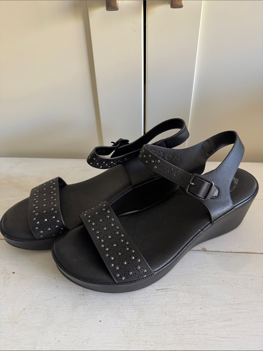 Women's Black Wedge Sandals with Studded Straps